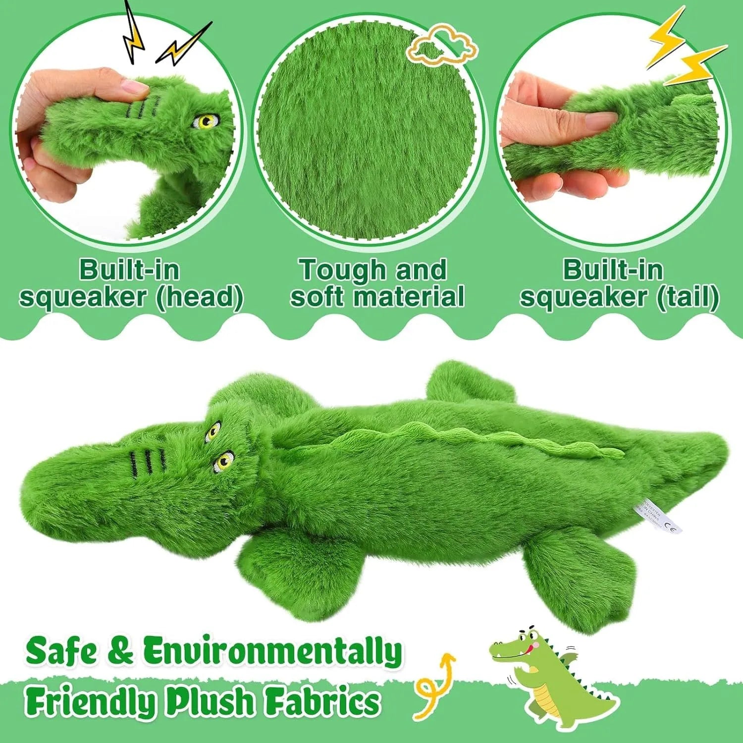 Green crocodile squeaky dog toy with no-stuffing design for aggressive chewers