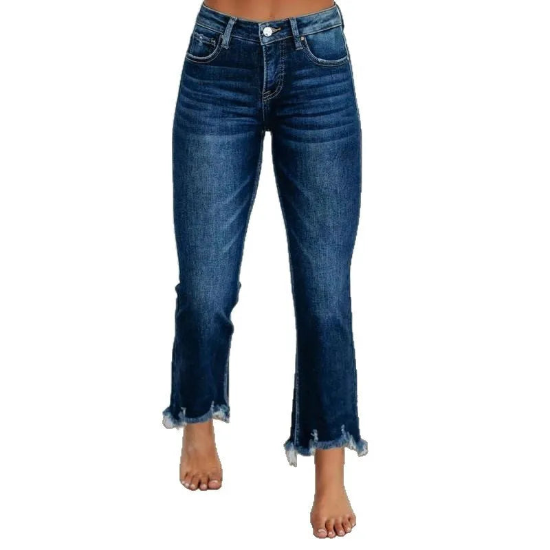 Women's solid colour casual denim jeans with hand-worn distressing in dark blue