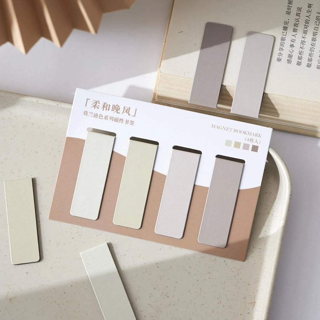 Set of four miniature magnetic bookmarks in Morandi colour block styles including Soft Evening Breeze and Gentle Twilight