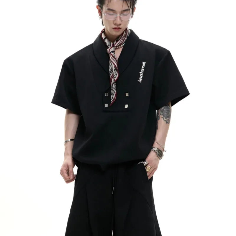 Men's dark gray cotton sports suit with metal embellished padded shoulders and V-neck short sleeve jacket with matching shorts