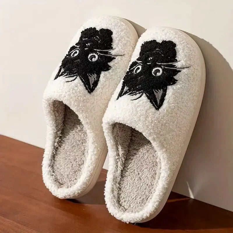 White cartoon Black Beard Cat couple slippers with plush fabric and a non-slip sole.