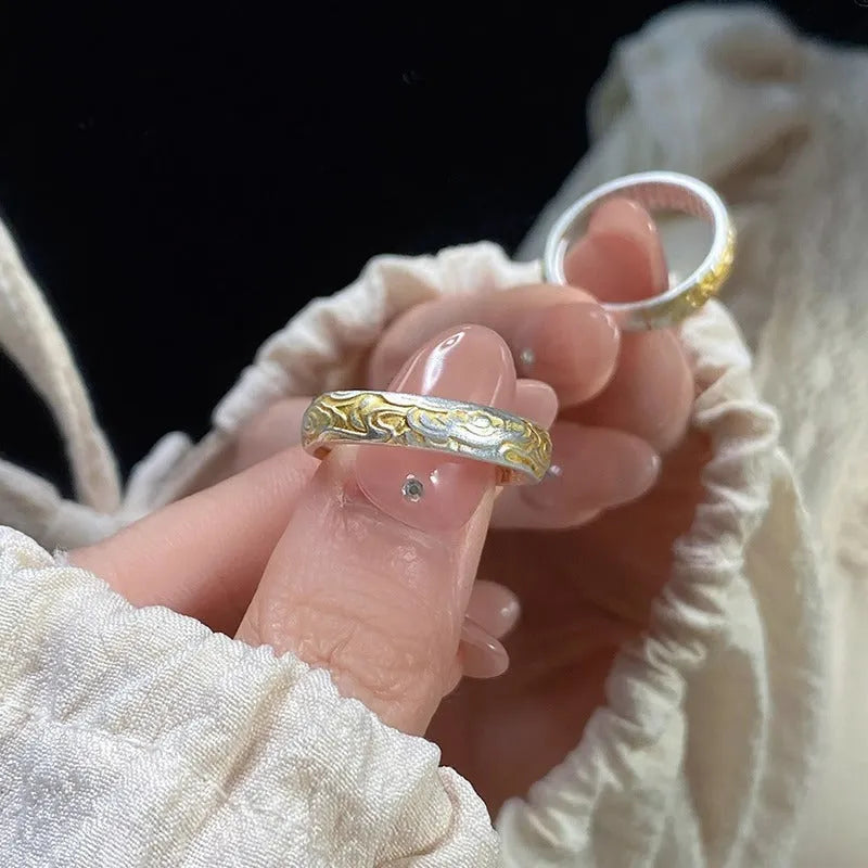White copper adjustable ring with geometric design and Xiangyun pattern in silver tone finish