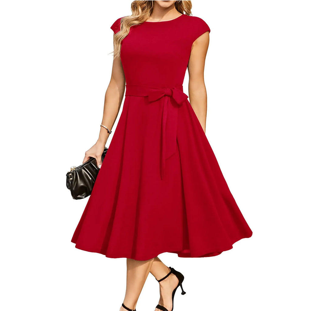 Sleevelles lace-up waist midi dress with oversized swing skirt in twisted silk polyester fabric