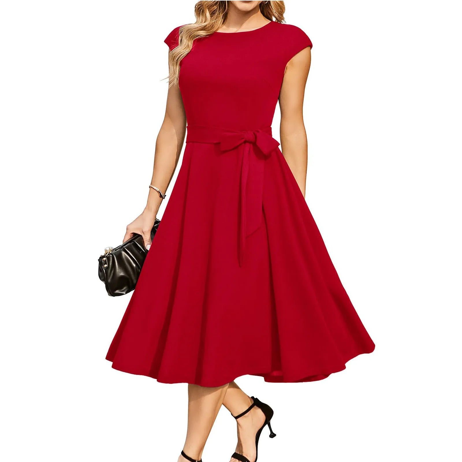Sleevelles lace-up waist midi dress with oversized swing skirt in twisted silk polyester fabric
