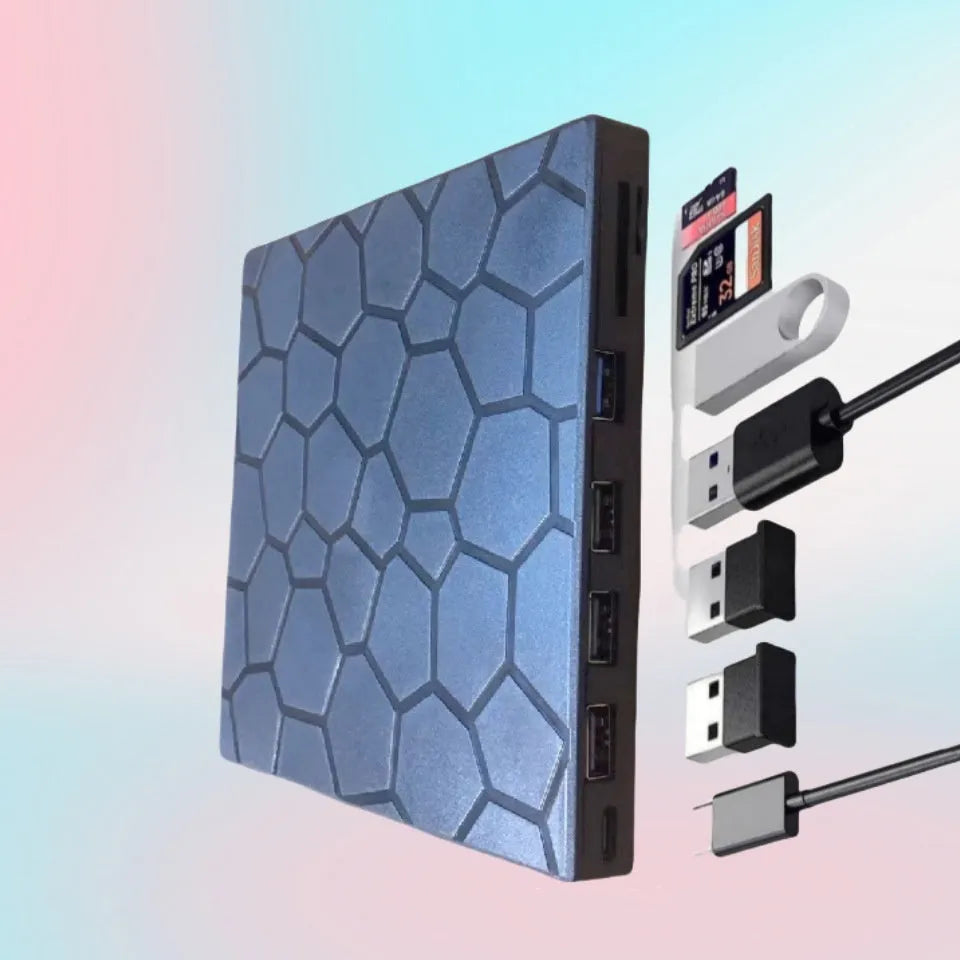 Black external USB CD DVD writer drive with compact slim design on a desk.