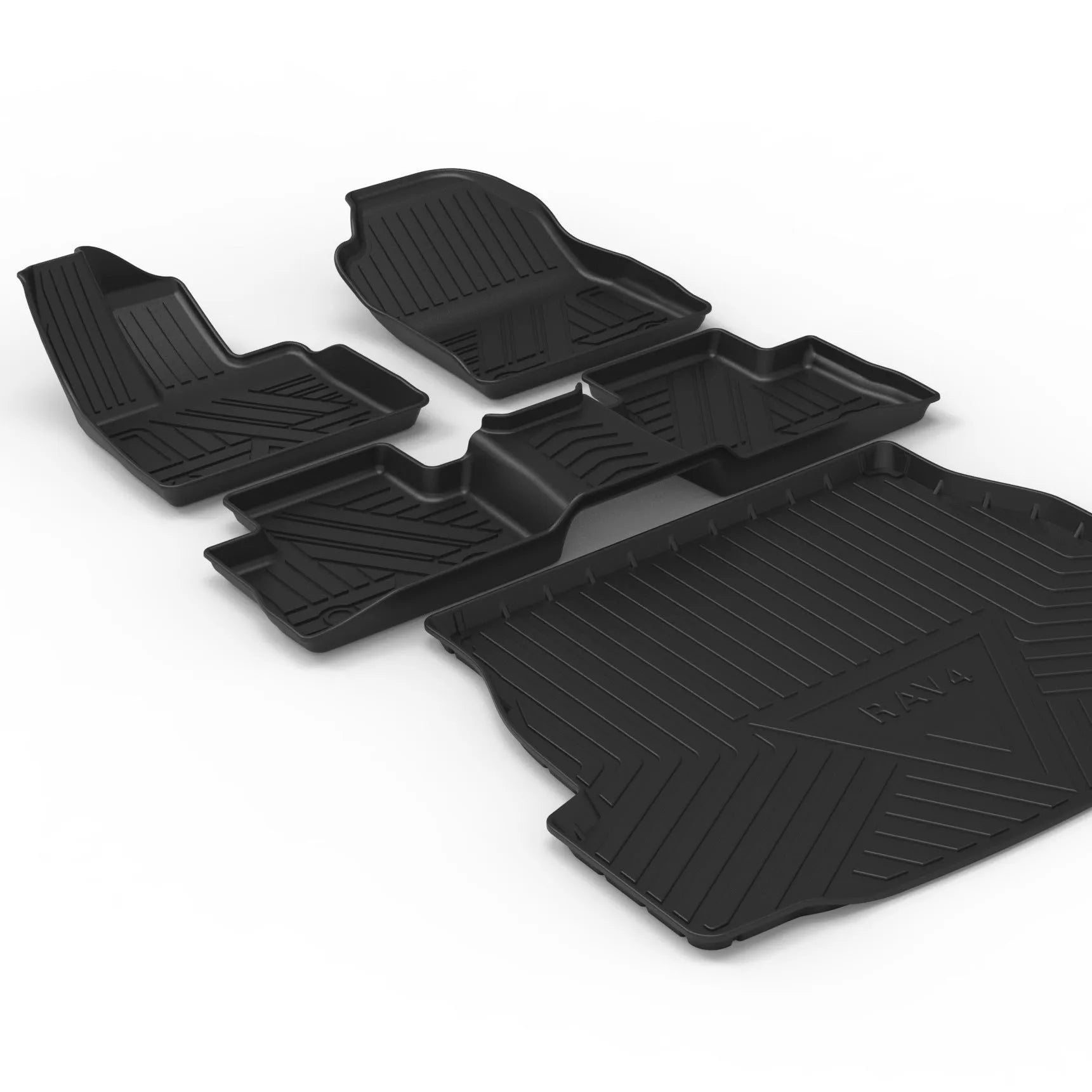 Black car boot liner with carbon fibre pattern texture, laid flat showing its tailored shape.