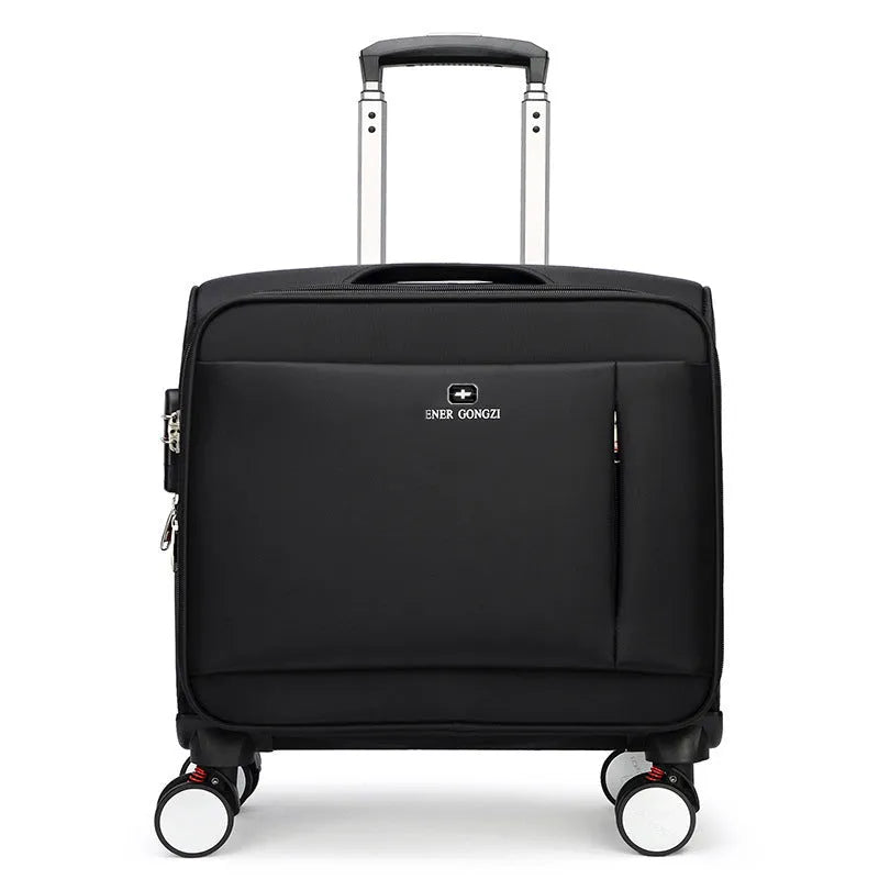 Black 18-inch Oxford cloth carry-on suitcase with a retractable handle and universal wheels.