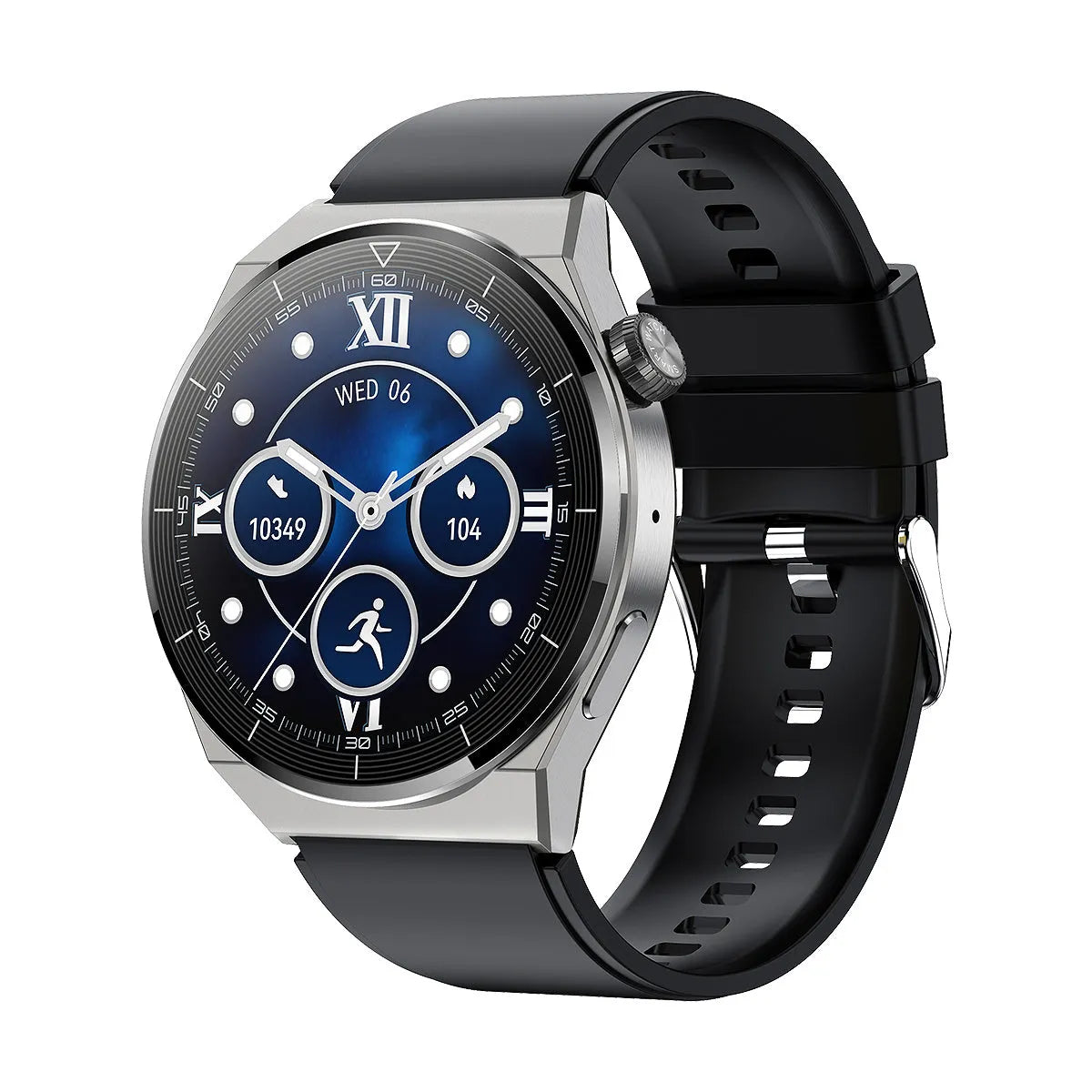 Black Android smart watch with round 1.36-inch screen showing interface, silicone band, Bluetooth and NFC features
