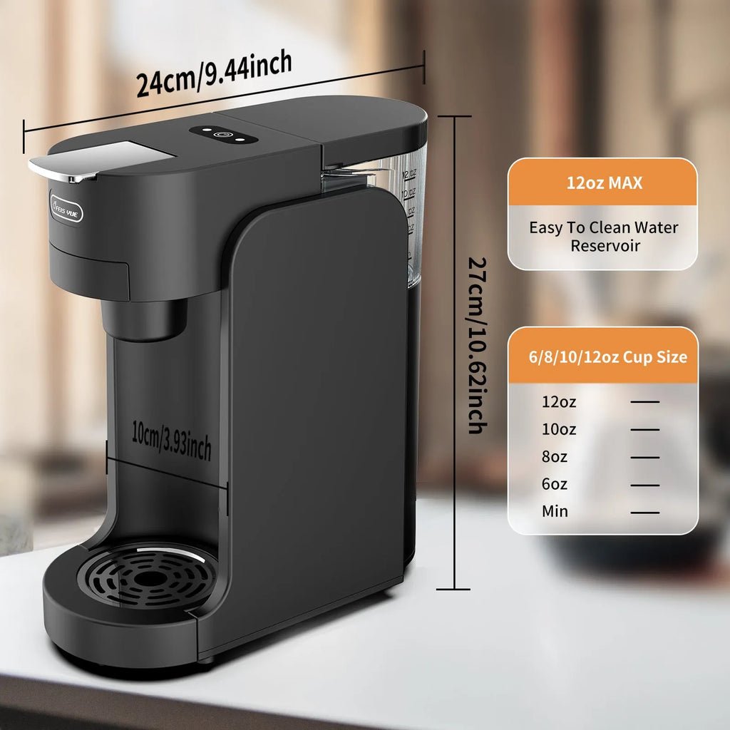 Black or white mini capsule coffee machine with a transparent water tank and adjustable stainless steel drip tray.