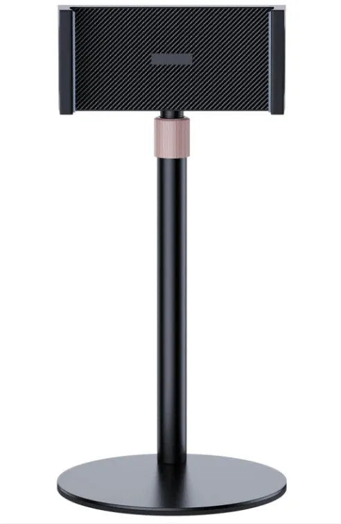 Black adjustable metal tablet lifting bracket extended to 200mm, holding an 11-inch tablet.
