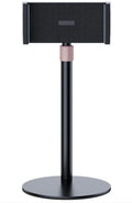 Black adjustable metal tablet lifting bracket extended to 200mm, holding an 11-inch tablet.