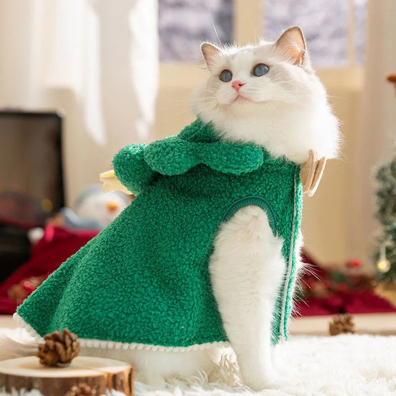 Cat autumn winter Christmas thickened elk cloak pet clothing polyester cartoon style brown green elk drawable