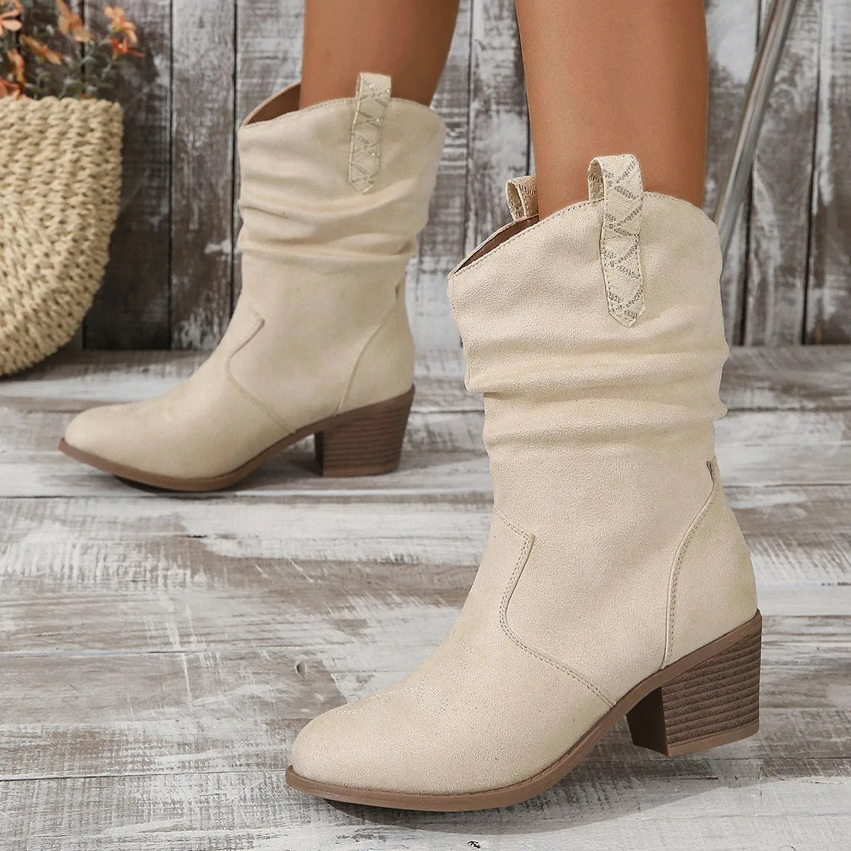 Women's mid-calf suede boots in Lotus Root colour with a mid heel and rubber sole.