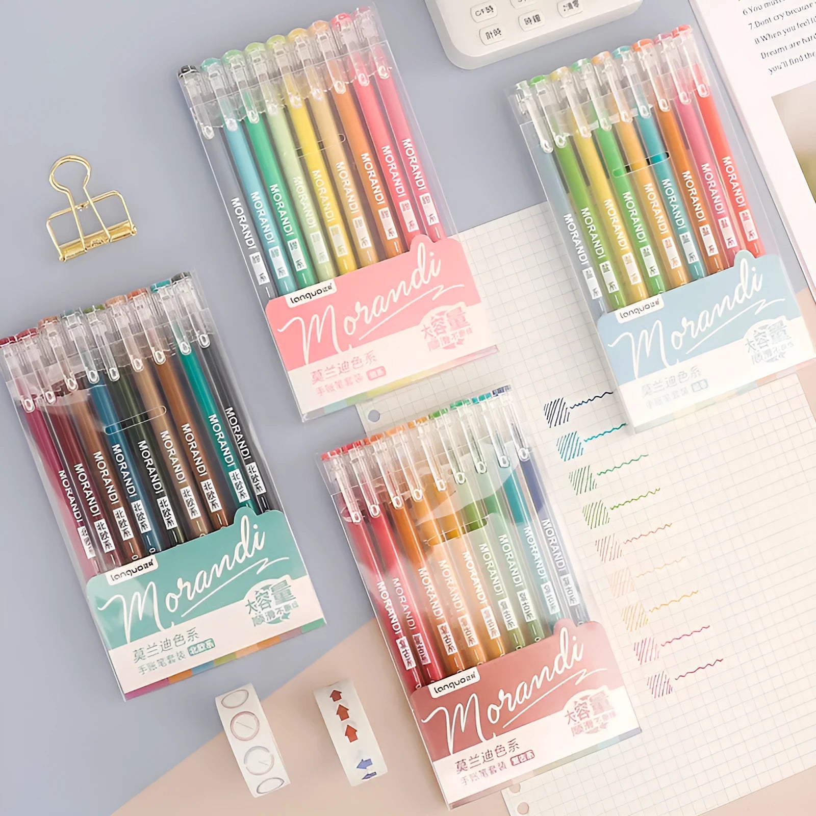 Set of nine colourful retro-style gel pens with 0.5mm needle tips, arranged in Nordic, Salt, Sweet, and Retro designs.