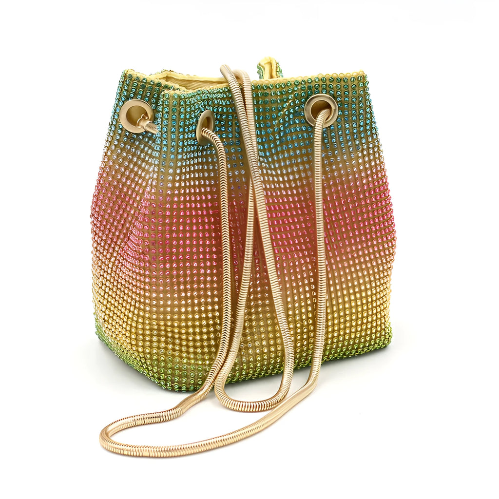 Soft rhinestone bucket bag with sparkling fabric texture in a selected colour