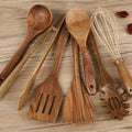 7-piece wooden cooking utensil set with spoons and shovels for non-stick pans