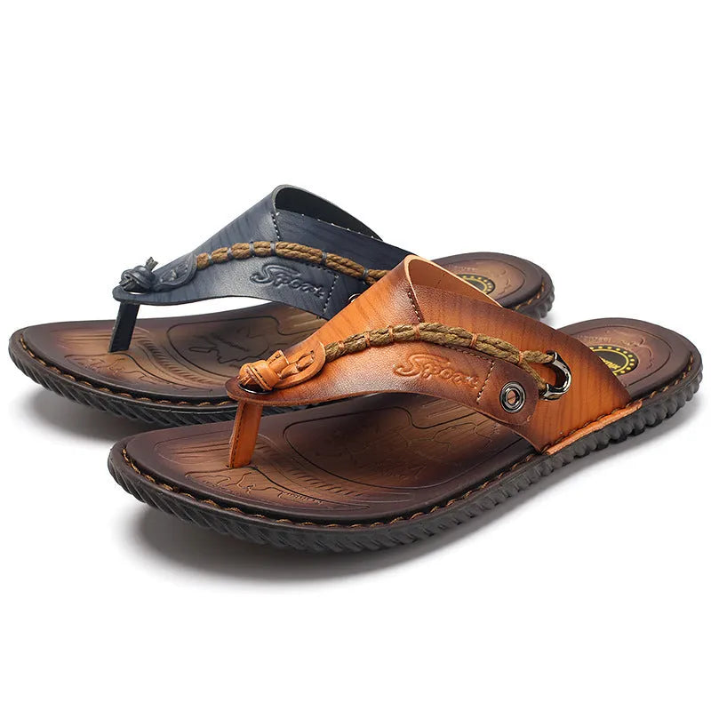 Men's plus size herringbone outdoor slippers in dark blue and khaki with rubber sole and leather lining