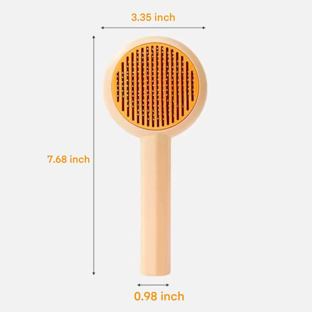 Blue and yellow pet grooming brush with metal pins and a self-cleaning button for cats and dogs.