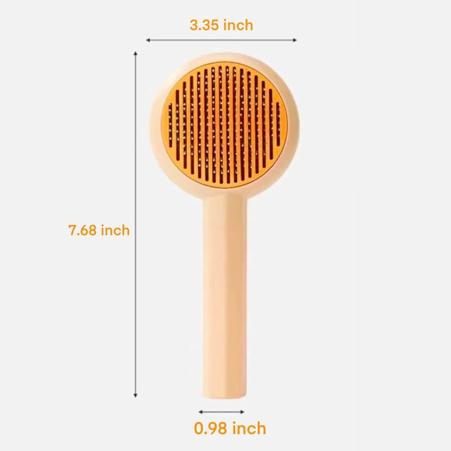 Blue and yellow pet grooming brush with metal pins and a self-cleaning button for cats and dogs.