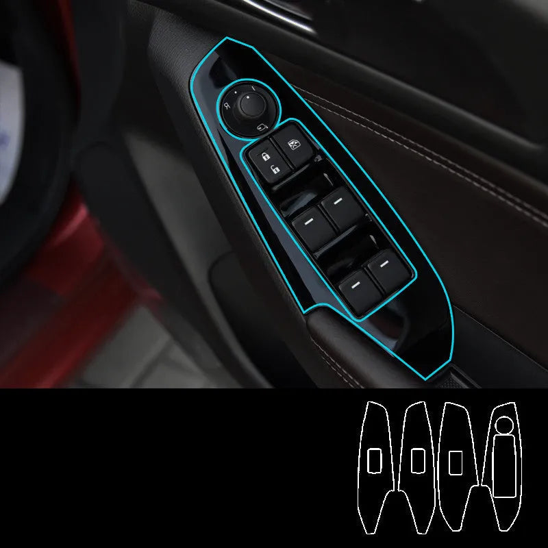 Four TPU protective films for 14-19 car door control panels in transparent, matte black, and carbon fibre finishes.
