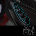 Four TPU protective films for 14-19 car door control panels in transparent, matte black, and carbon fibre finishes.