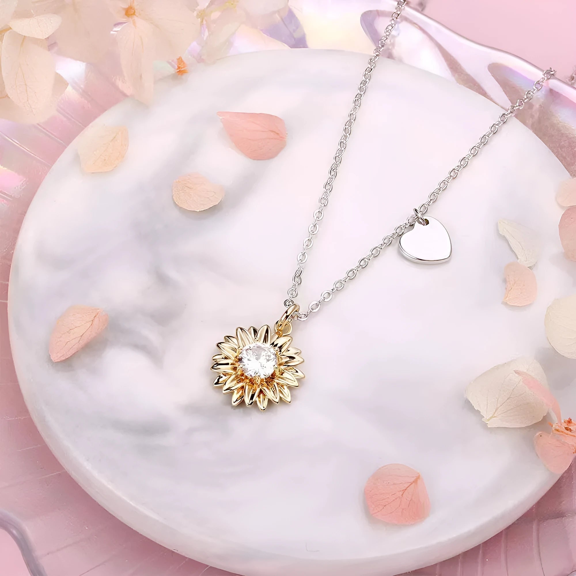Women's sterling silver sunflower necklace with adjustable chain and electroplated daisy pendant