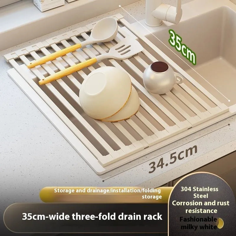Milky White foldable stainless steel kitchen draining rack shown folded and unfolded.