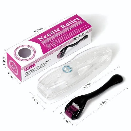 Black derma roller with titanium needles for facial, beard, and scalp microneedling treatments.