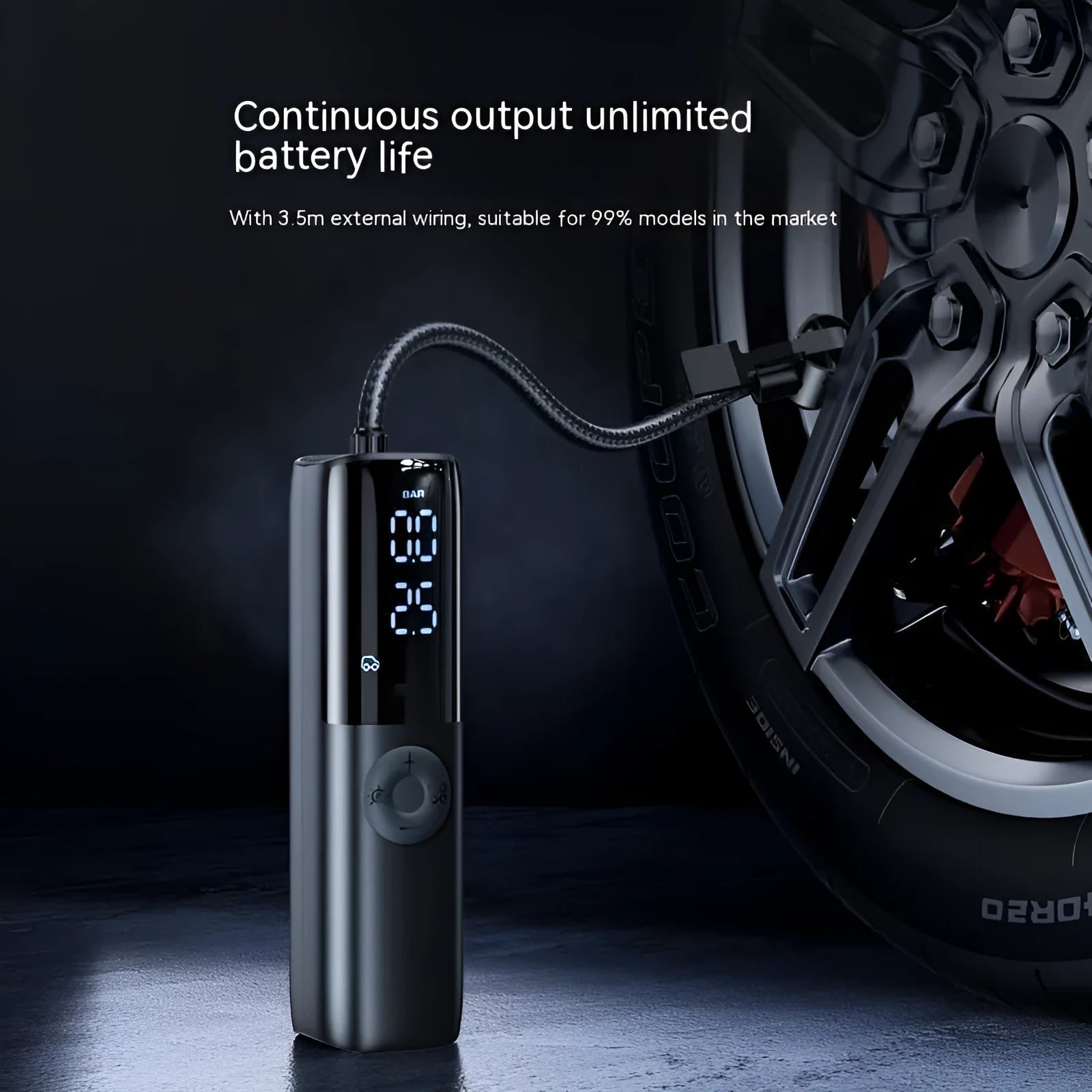 Black portable electric car air pump with tyre pressure gauge and inflation hose