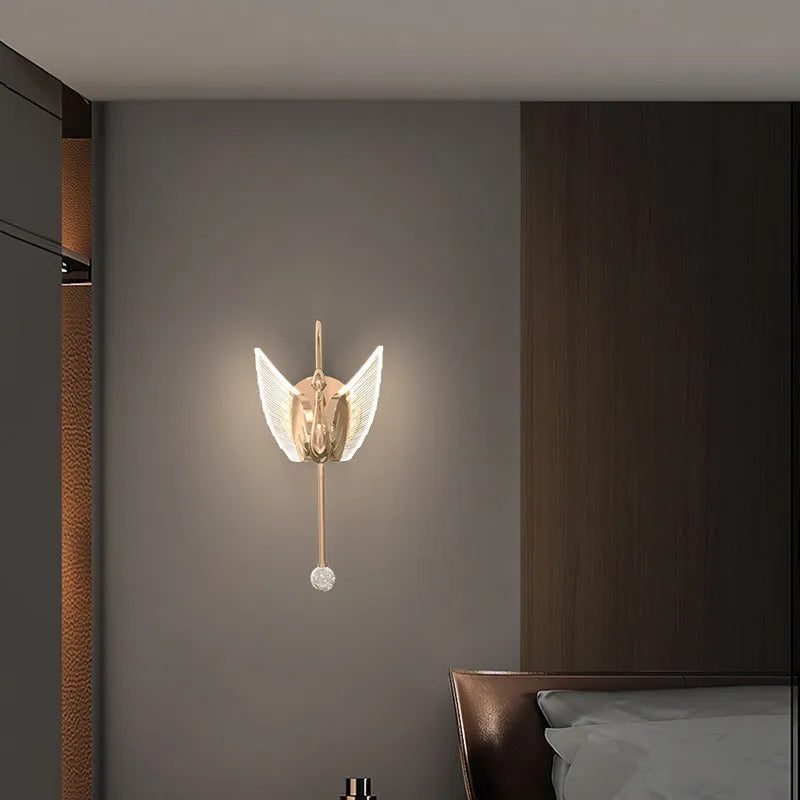 Gold modern minimalist swan design bedroom wall lamp with acrylic shade and iron frame