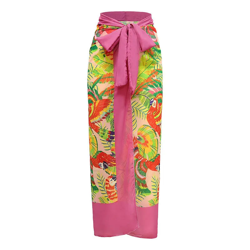 Women's pink floral print retro one-piece swimsuit with V-neck, covered belly and thin skirt