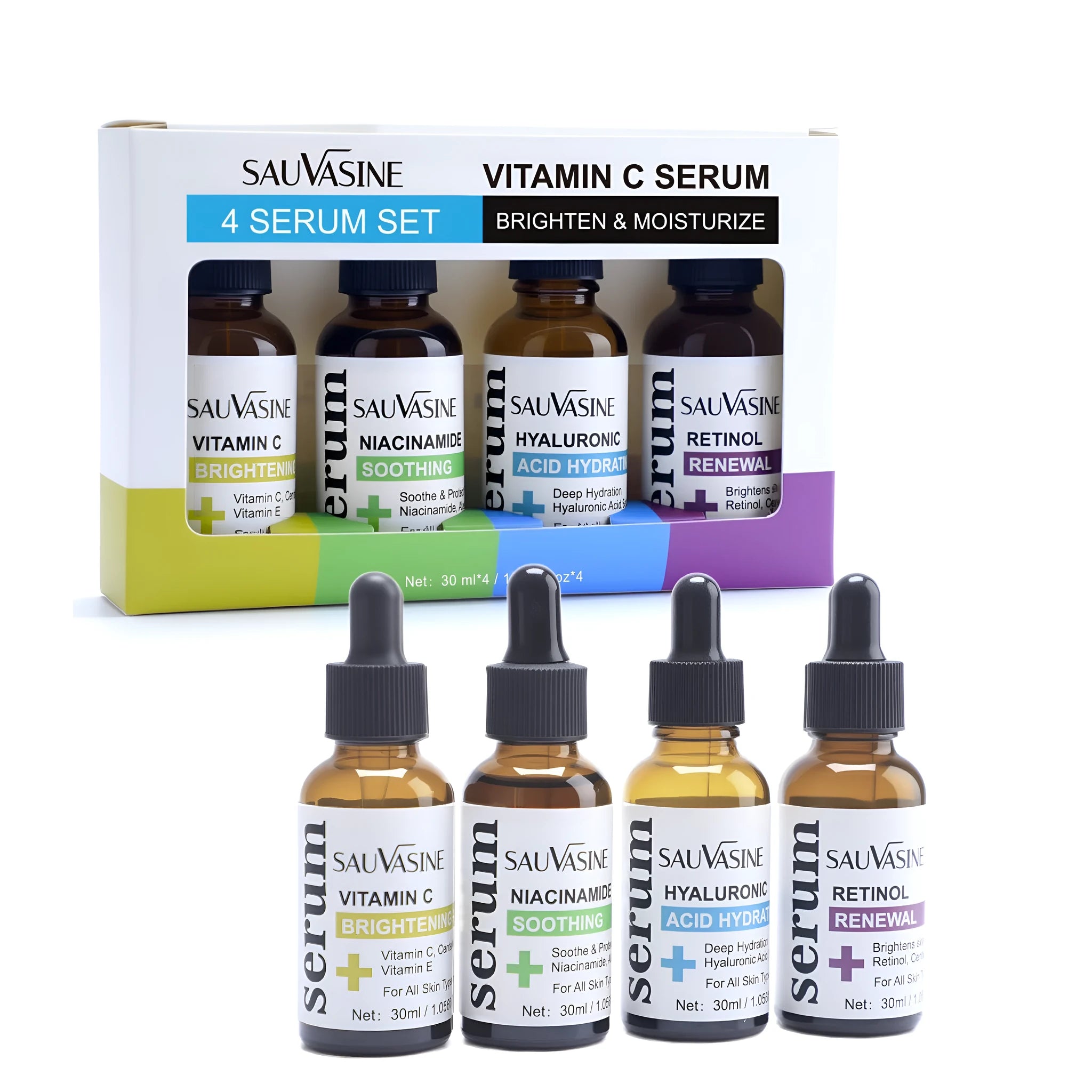 Vitamin C skincare 4-piece set showing four 30ml bottles of facial essence for pore care