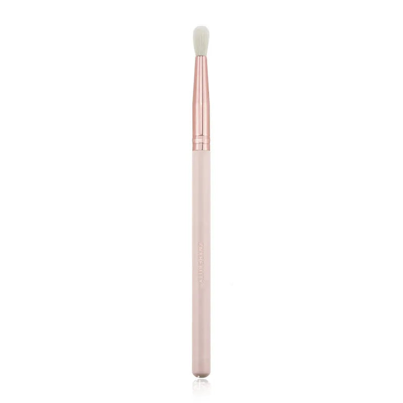 26 pink makeup brushes with wooden handles in a PU storage bag.