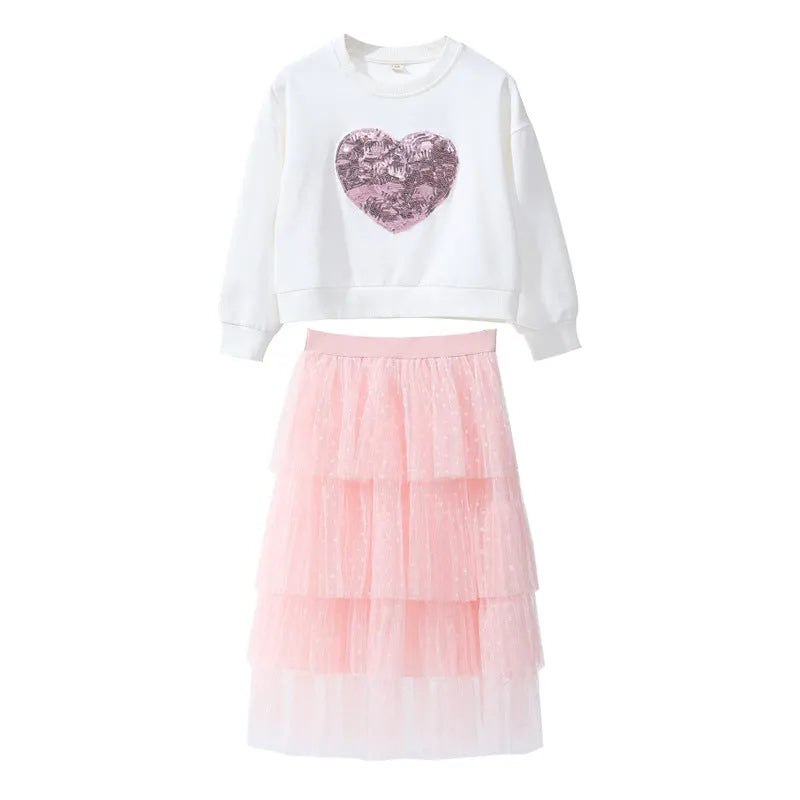 Girls sequin love pullover cotton two-piece skirt set in white and red sizes 110-160cm