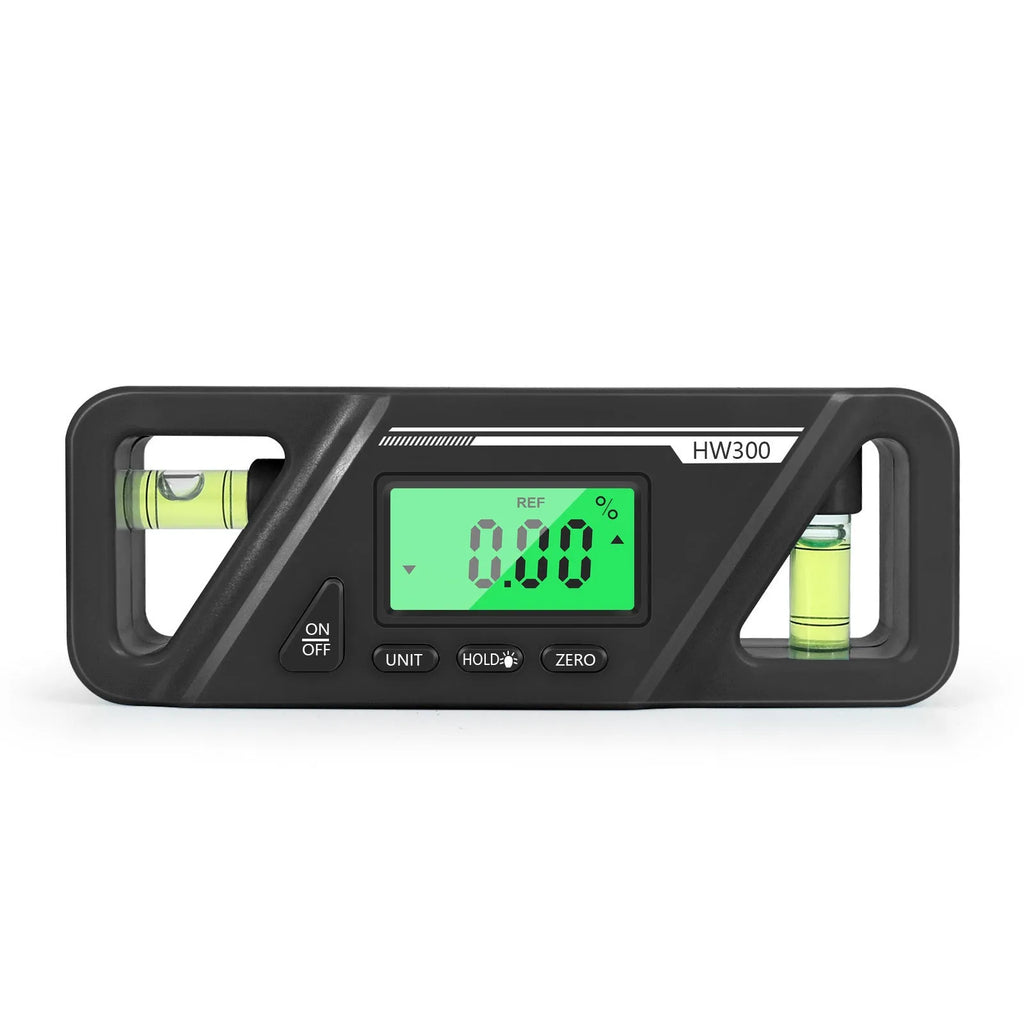 Black digital inclinometer level meter with magnetic base and LCD display showing an angle reading.