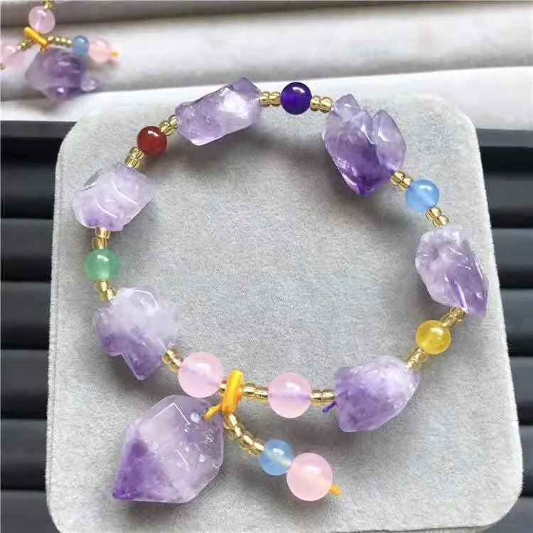 Amethyst bracelet with natural shaped beads and fu character charm for women