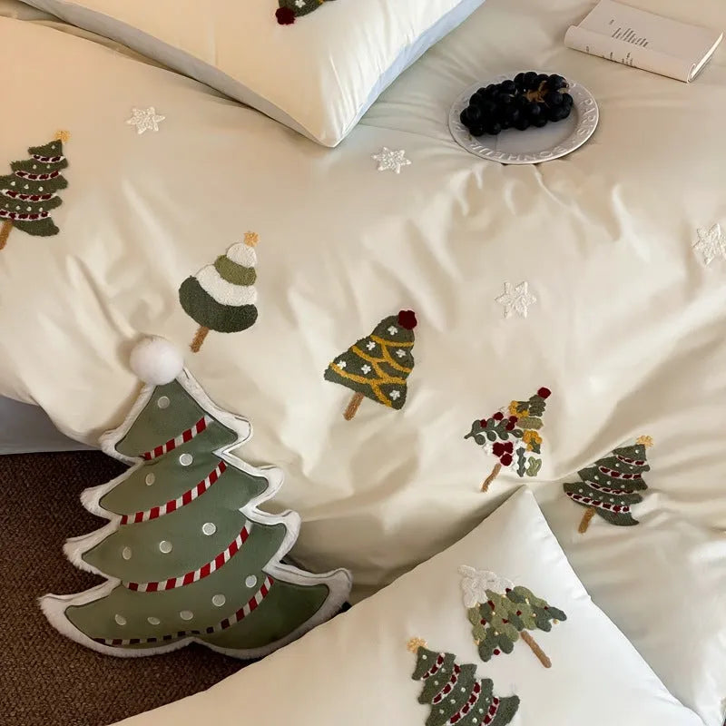 Christmas tree embroidered cotton bedding set with duvet cover, sheet and pillowcases
