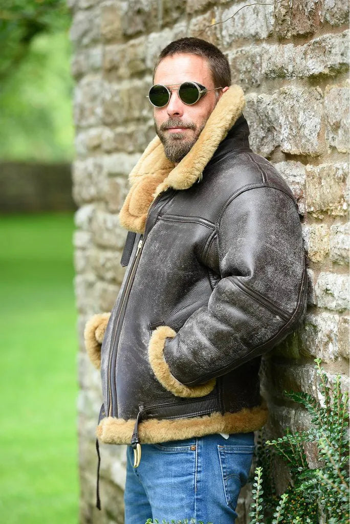 Men's brown synthetic leather fur coat with medium length and side pockets