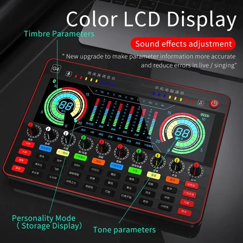 G4 professional sound card mixer with LCD screen, microphone, and remote control for live streaming.
