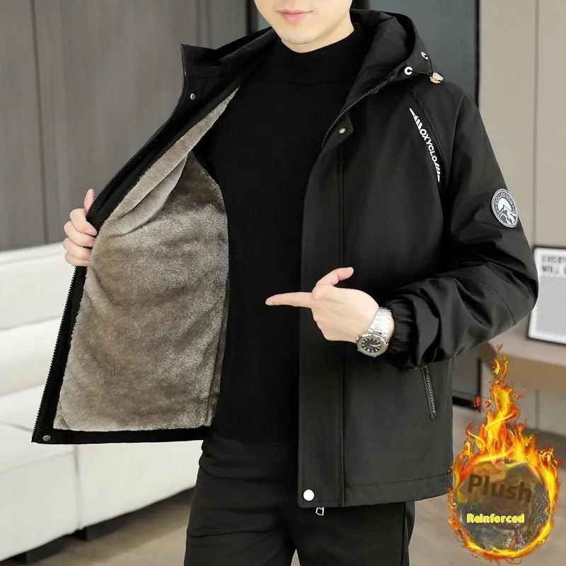 Men's casual hooded winter jacket with fleece lining in corduroy rabbit fur, colour black, front view