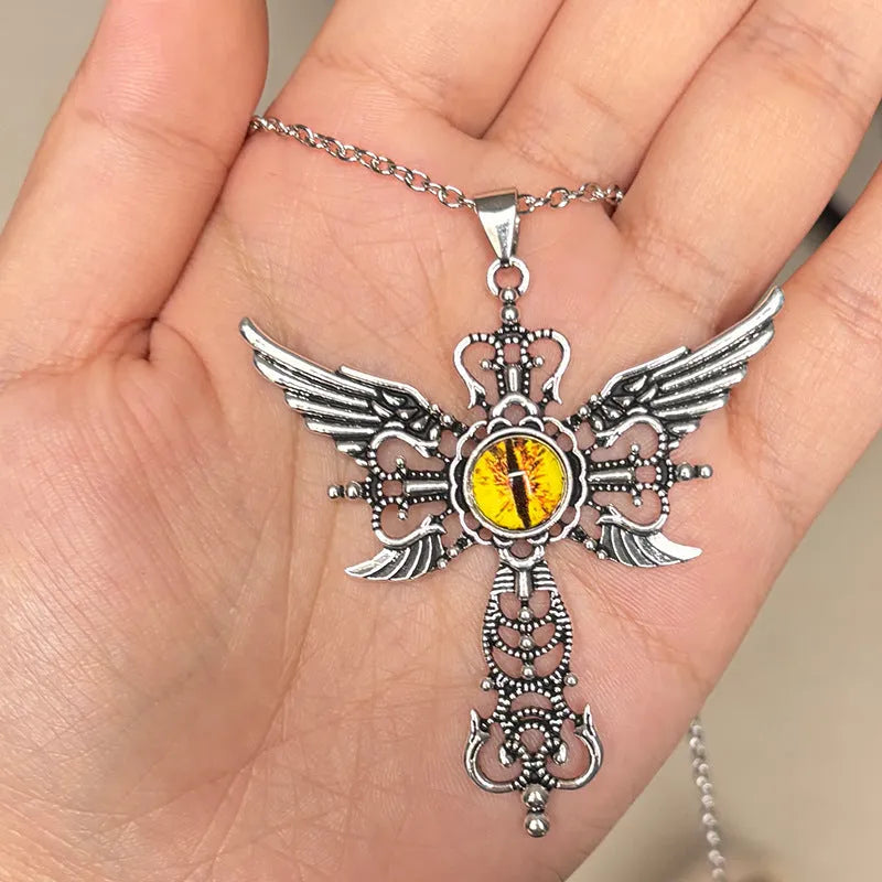 Creative devil wings and cross design alloy pendant necklace on a chain, shown in multiple colour options.