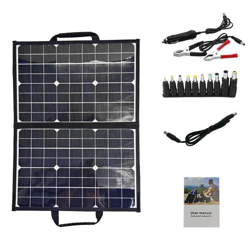 Black folding bag solar panel with 40 watt output and compact 425mm dimensions