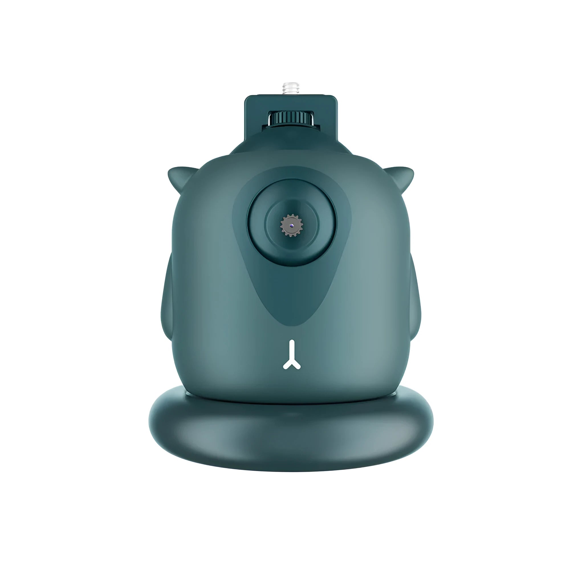 Dark green intelligent follow-up gimbal with built-in camera showing 360-degree rotation mechanism