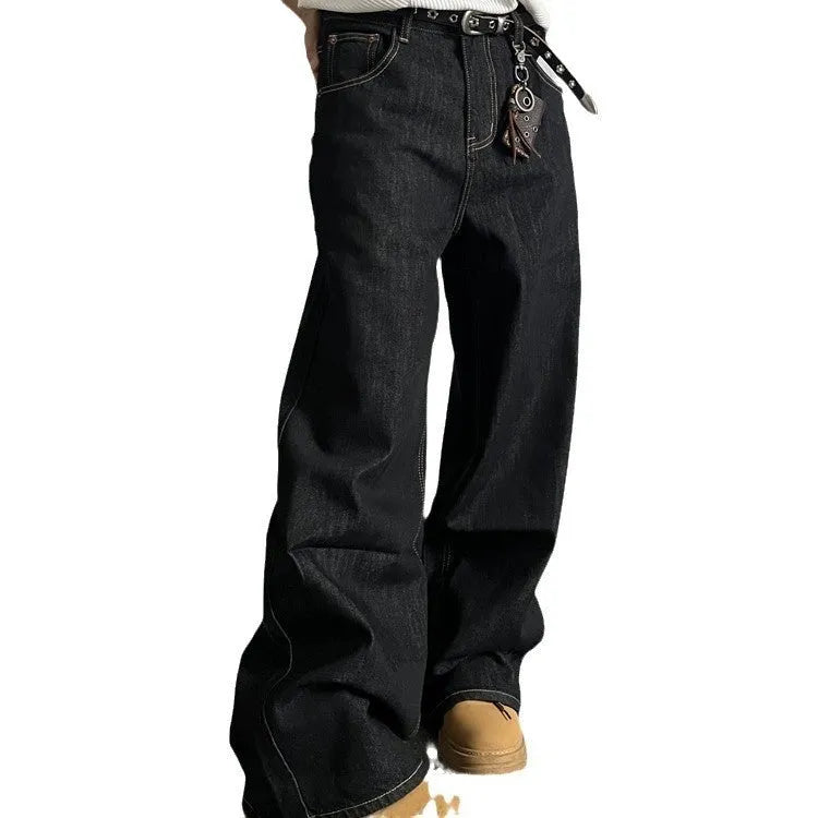Black retro-style loose wide-leg straight-leg jeans on a hanger, showing mid-waist and zip fly.