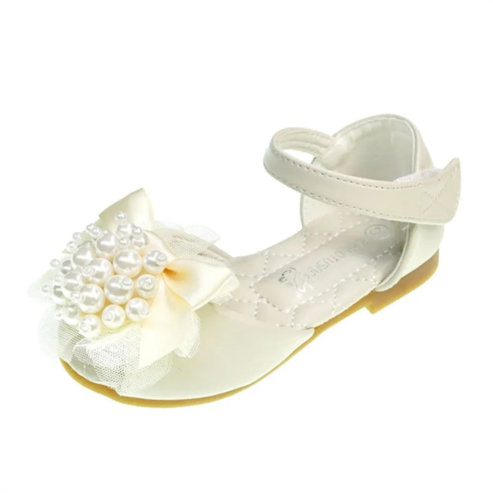 Girls princess peep toe sandals with pearl flower, PU leather upper, TPR sole, Velcro strap, in beige and pink