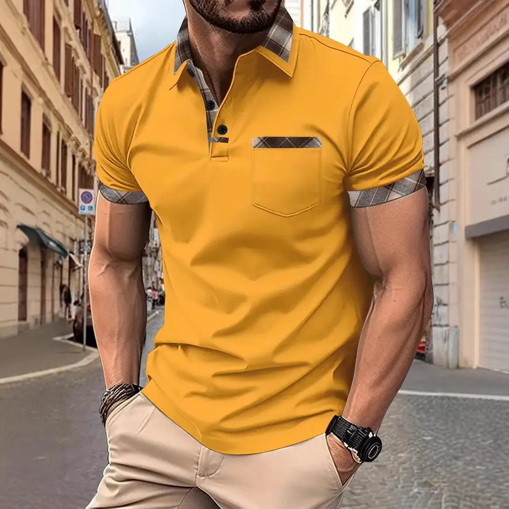 Men's short sleeve plaid colorblock t-shirt with zipper decoration in loose fit style
