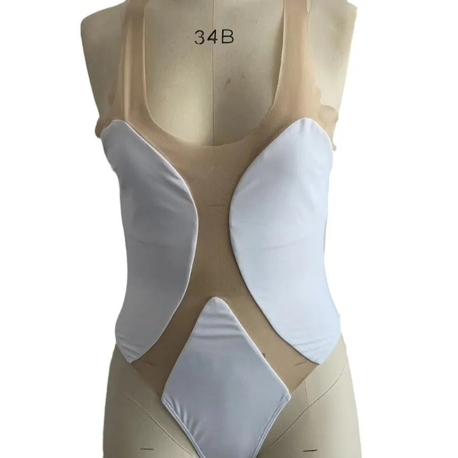 Women's one-piece white swimsuit with hollow mesh outer and spandex lining, available in sizes S to XL