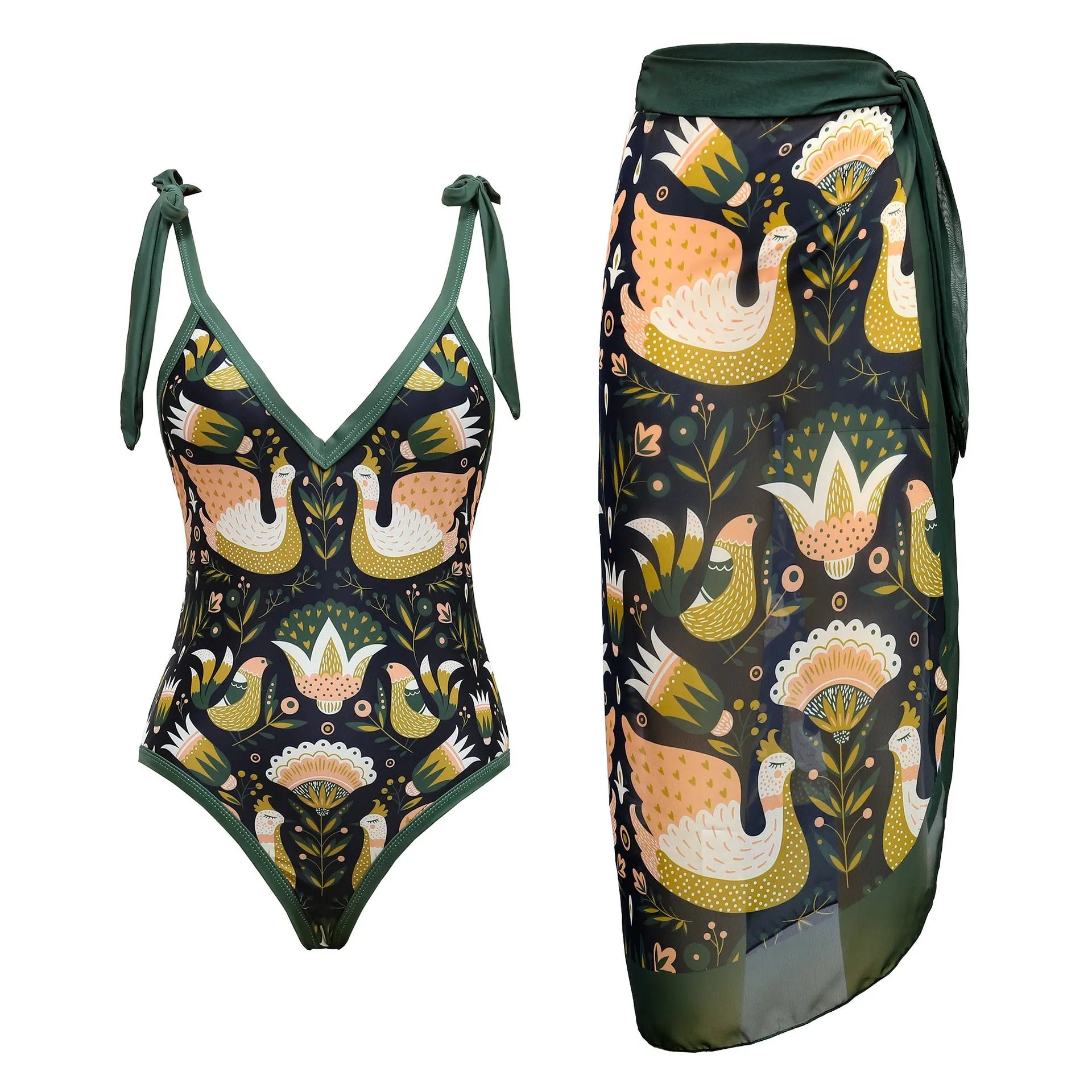 Solid colour women's one-piece swimsuit with spaghetti straps and a matching detachable skirt.
