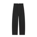 Women's black nylon high-waist zip-front straight-leg trousers on model