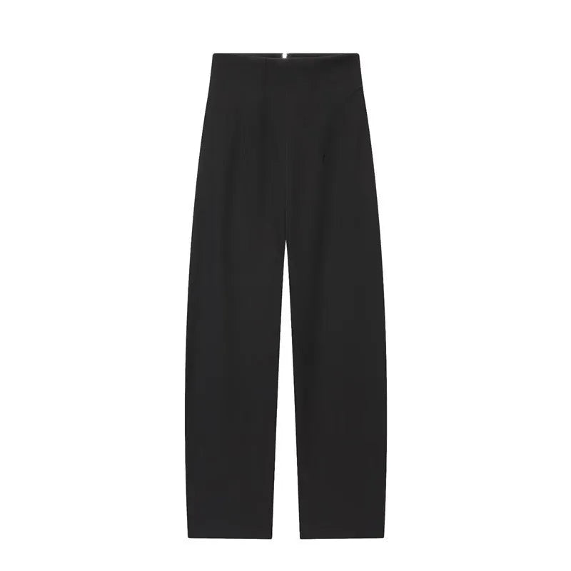 Women's black nylon high-waist zip-front straight-leg trousers on model